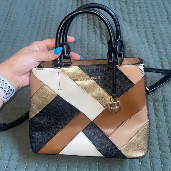 Michael Kors Patchwork Satchel - Black, Brown, Gold, Cream - Picture 1 of 5
